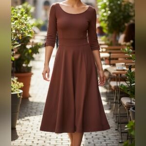 H&M Brown Terracotta Scoop Neck 3/4 Sleeve Fit And Flare Dress, XS Size 2